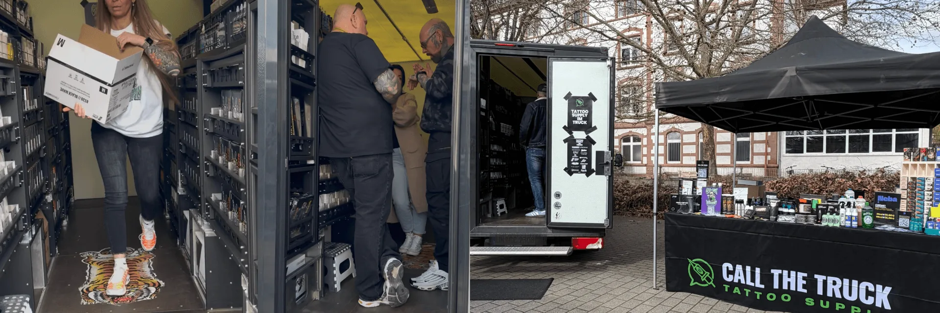 Call the Truck Tattoo Supply: Blick in den beladenen Truck, Beratung von Tätowierern und Messestand auf einer Tattoo Convention