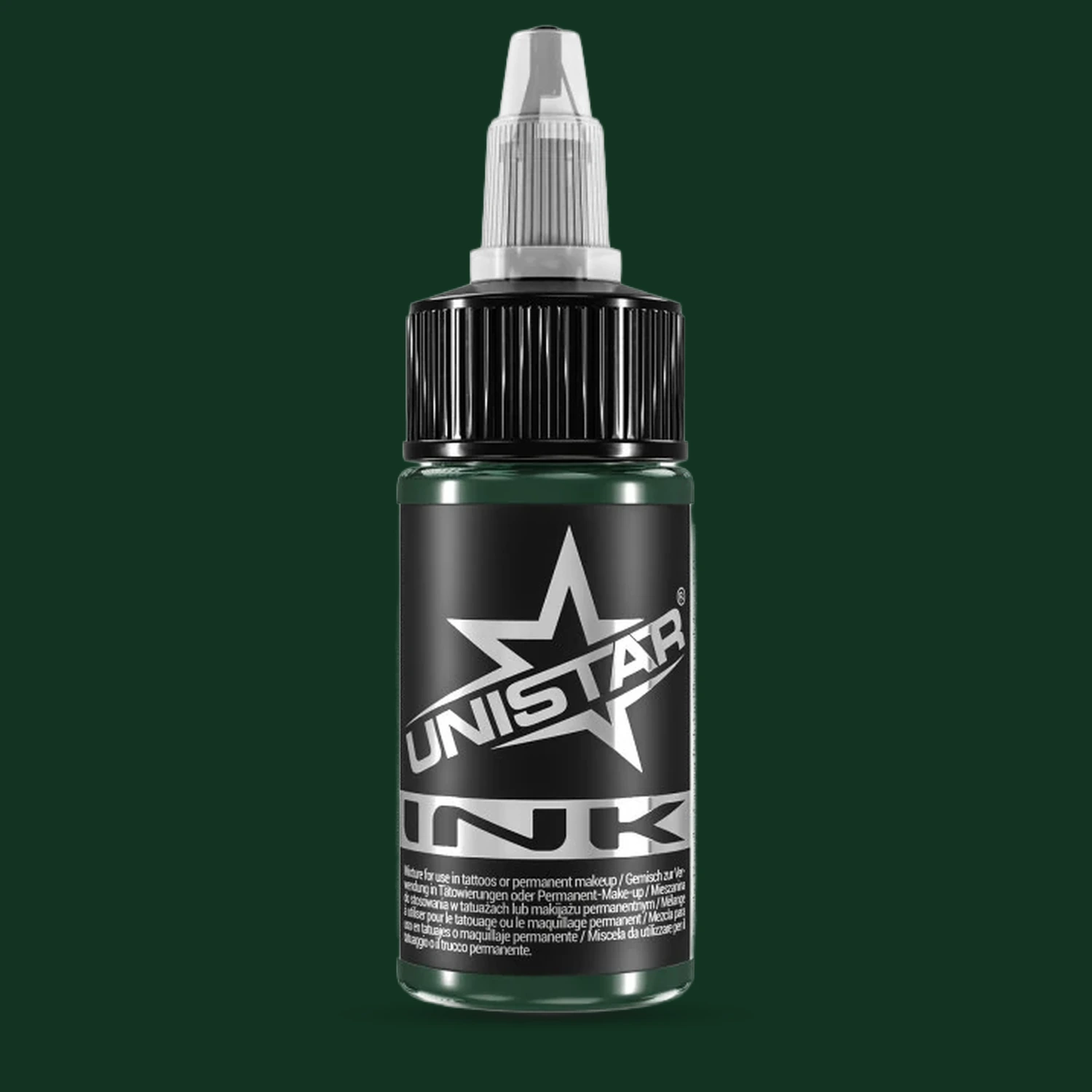 Unistar Deep Green Tattoofarbe in der 30-ml-Flasche vor einem Hintergrund im Farbton der Farbe, grüne Tattoofarbe