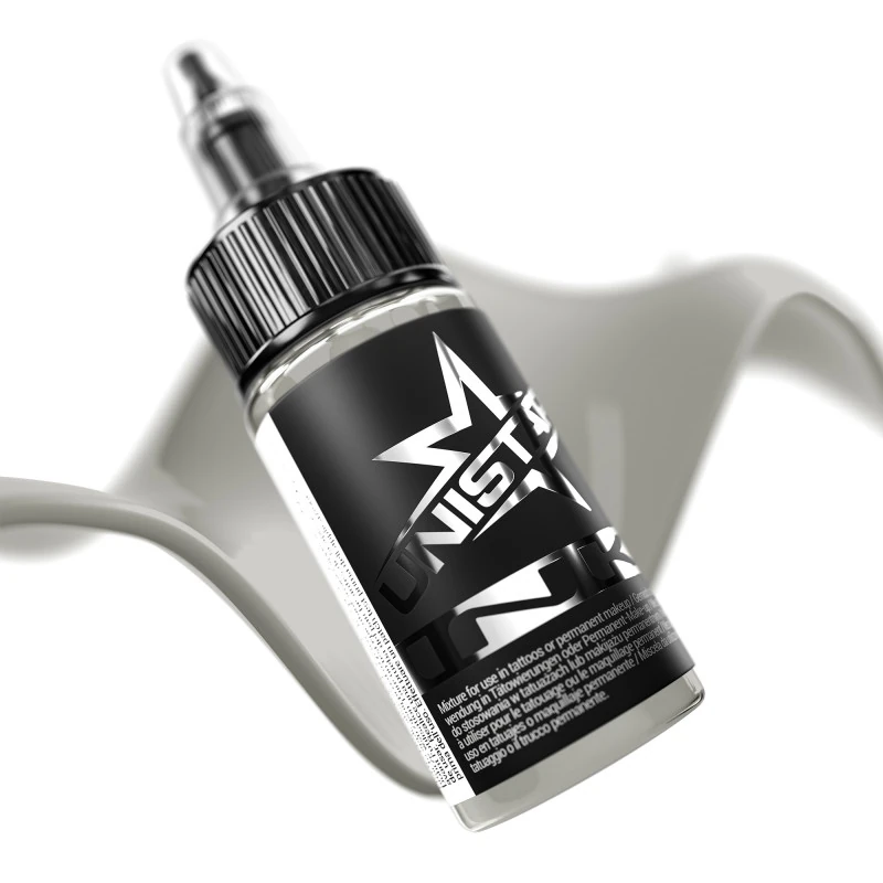 Unistar Solid Gray #1 als Farbschwung um die 30-ml-Flasche, graue Tattoofarbe