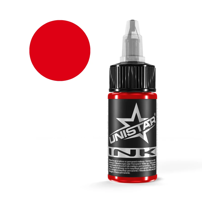 Unistar Top Basic Red Tattoofarbe in der 30-ml-Flasche mit Farbmuster, rote Tattoofarbe