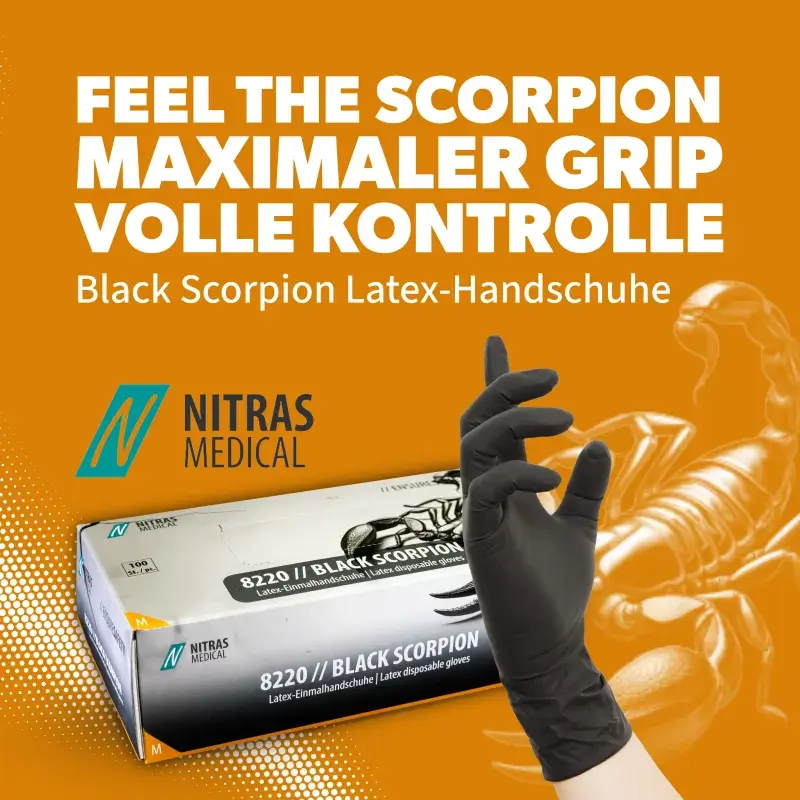 Nitras Medical Black Scorpion Latex-Handschuhe für Tattoo- und Studioarbeiten