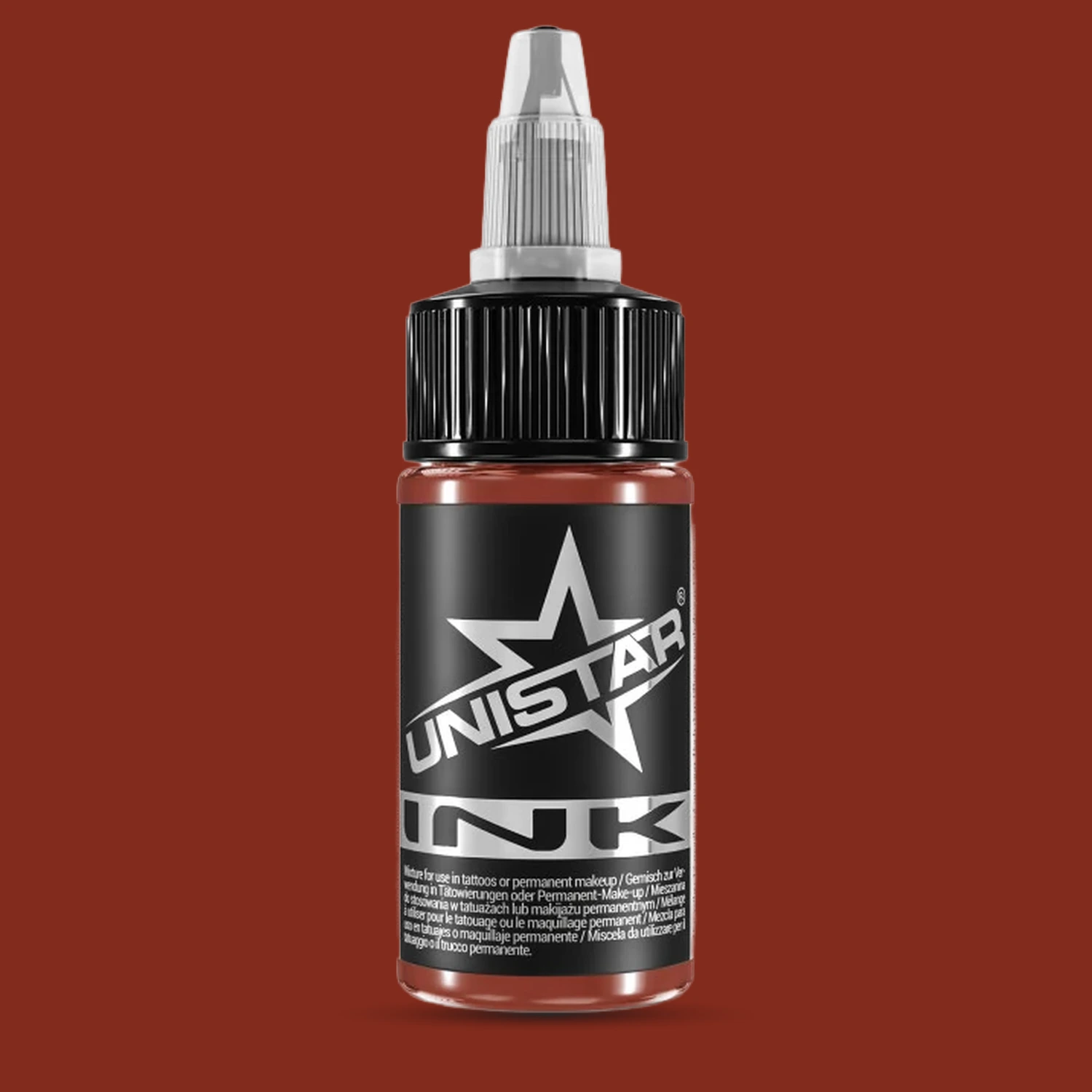 Unistar Ember Flare Tattoofarbe in der 30-ml-Flasche vor einem Hintergrund im Farbton der Farbe, rote Tattoofarbe