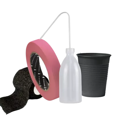 Arbeitsplatz Zubehör fürs Tattoo Studio, Grip Bandage, Klebeband, Spritzflasche und Becher