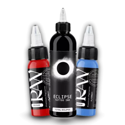 Tattoo Farben in Schwarz, Rot und Blau von Eclipse und RAW Premium Pigments